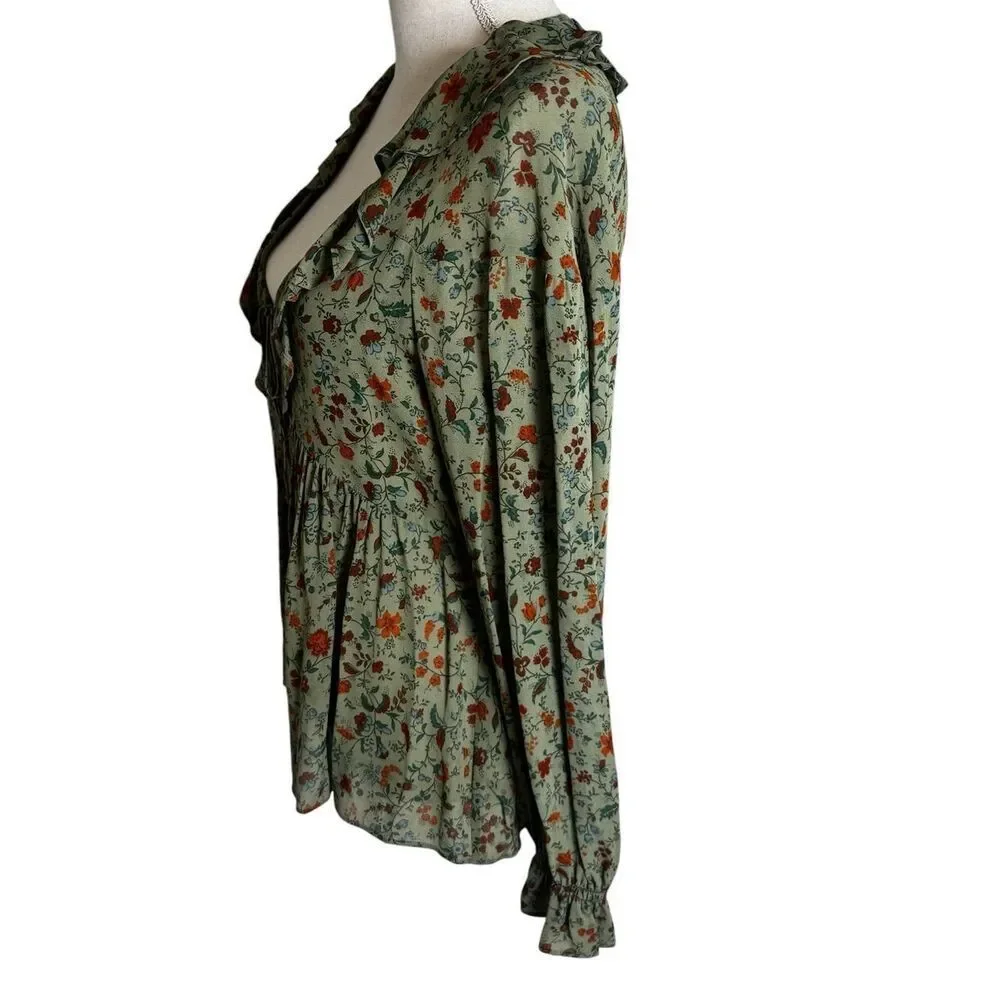 Reformation Wyn Floral Ruffled Top in green 4